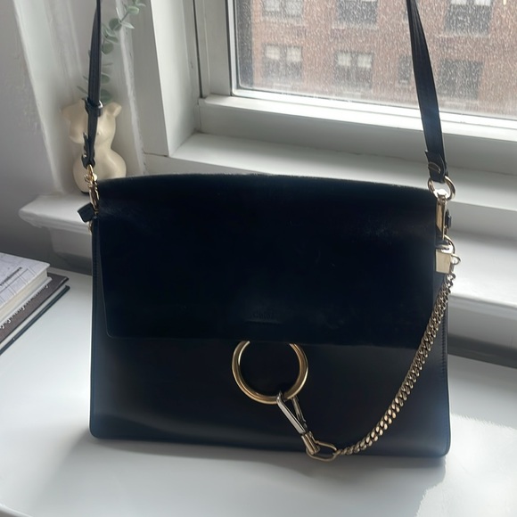Chloe Suede Calfskin Medium Faye Shoulder Bag Black - Picture 7 of 8